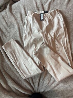 PrettyLittleThing Cream High-Waist Faux Leather Pants